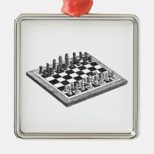 Schaakbord en schaakstukken Vintage Kunst Metalen Ornament