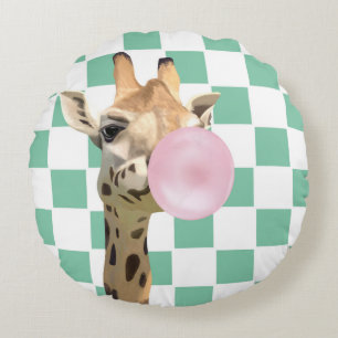 Schaakbord Roze Bubblegum Blazende Giraffe Rond Kussen