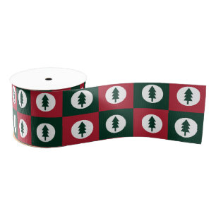 Schaakbordpatroon Rood en Groen Kerstbomen Grosgrain Lint