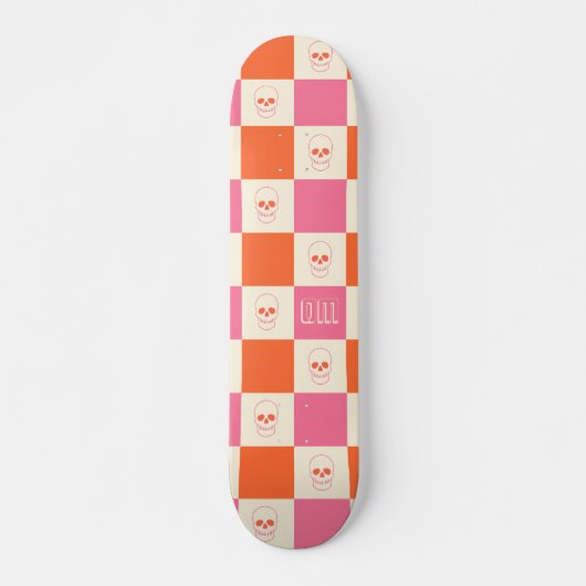 Schaakbordschedels in roze, Sinaasappel en crème Skateboard (Voorkant)