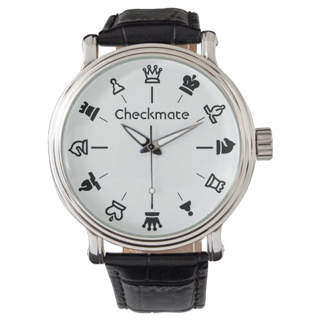 Schaakmat Schaakhorloge - schaakstukken op wit Horloge (Voorkant)