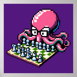 Schaakmeester Octopus - Grappige Pixel Art Strateg Poster