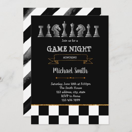 Schaakspel avond feest uitnodiging (Voorkant / Achterkant)