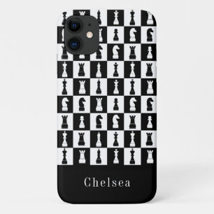 Schaakspel Figuren Patroon Zwart & Wit Naam iPhone 11 Hoesje
