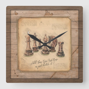 Schaakstukken op Grunge Houten Bordspeler Gift Vierkante Klok