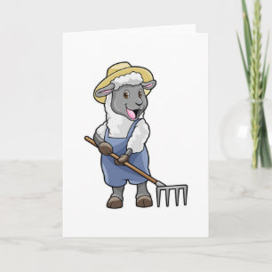 Schaap als boer met hark en hoed kaart