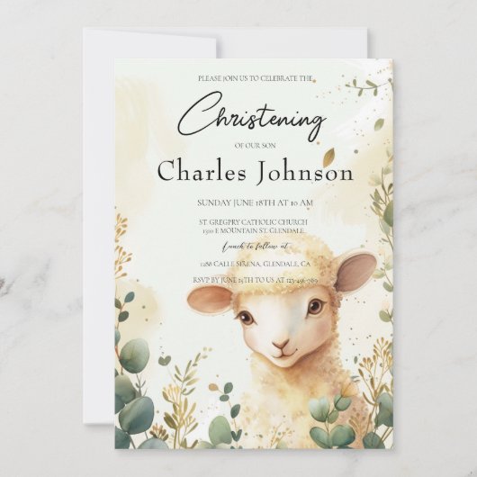 Schaap en groene bloemen zoon doop kaart (Voorkant)