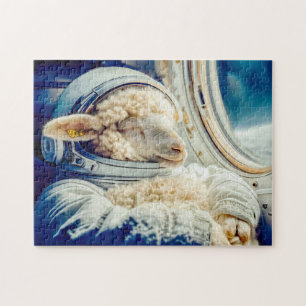 Schaap in astronautenpak zwevend in de ruimte legpuzzel