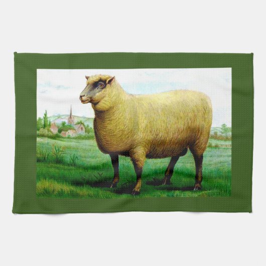 schaap in groene grasweide schilderen theedoek (Horizontaal)