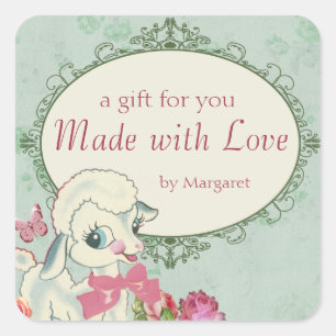 schaap met schattig lamswol breien haakwerk naaien vierkante sticker