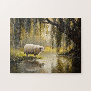 Schaap onder een wilgenboom schilderij legpuzzel