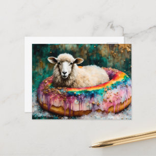 Schaap op een regenboogkleur Drijvende donut Briefkaart