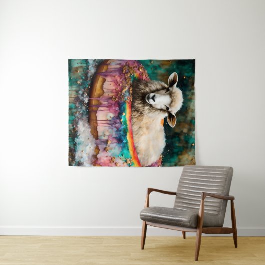 Schaap op een regenboogkleur Drijvende donut Wandkleed (In Situ (horizontaal))