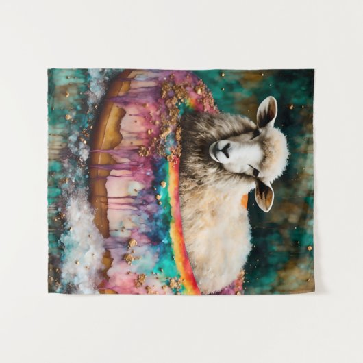 Schaap op een regenboogkleur Drijvende donut Wandkleed (Voorkant (horizontaal))