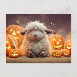 Schaap slapend tussen Halloween pompoenen illustra Feestdagenkaart