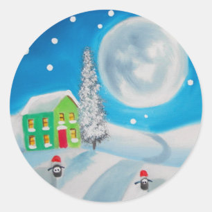 schaap volksschilderij volle maan winter ronde sticker