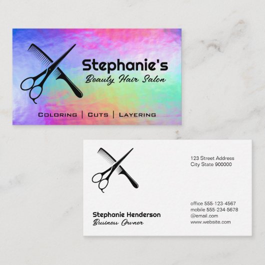 Schaar en kam | Rainbow Iridescent Achtergrond Visitekaartje (Voorkant / Achterkant)