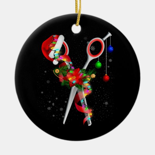 Schaar Haarstylist Santa Kerstmis Haar Stylist H Keramisch Ornament (Voorkant)