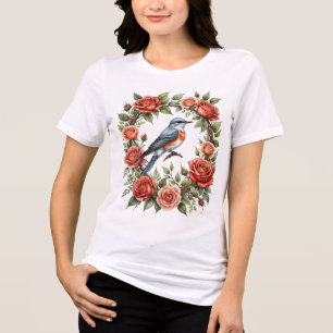 Schaarstaartvliegenvanger omgeven door rode rozen Tri-Blend shirt