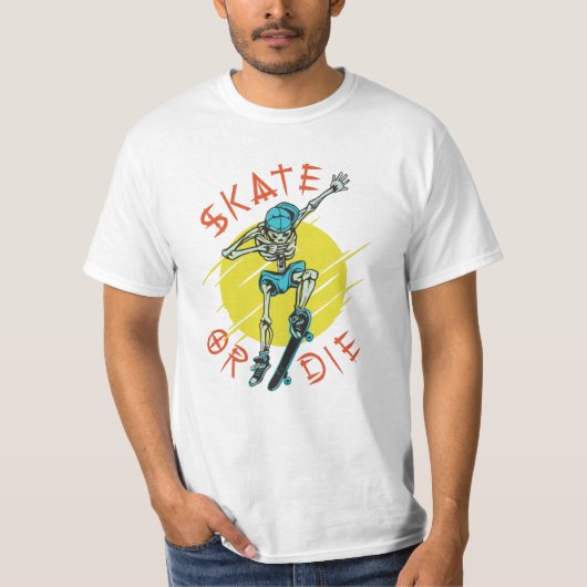 Schaats of die Skeleton Skateboarder T-shirt (Voorkant)