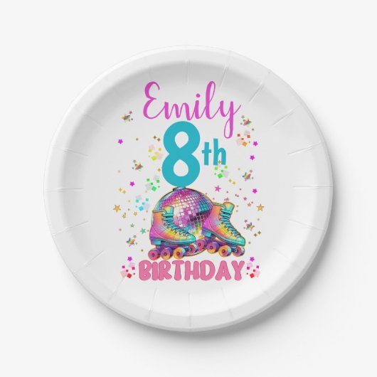 Schaats Roller Disco Verjaardagsmeisje Matching Papieren Bordje (Voorkant)