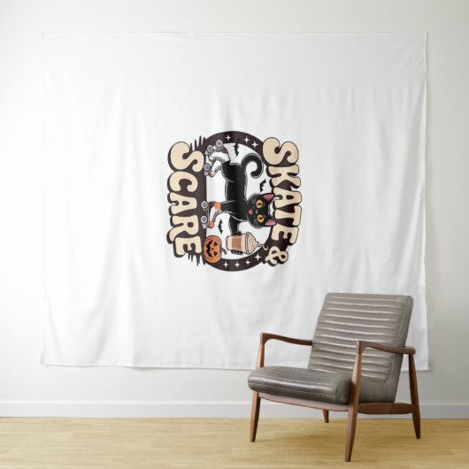 Schaats & Scare – Schattigee zwarte kat rolschaats Wandkleed (In Situ (horizontaal))