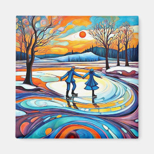 Schaatsen bij zonsondergang magneet