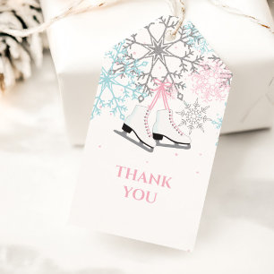 Schaatsen en sneeuwvlokken roze blauw zilver cadeaulabel