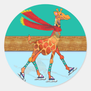 Schaatsen Giraffe met sjaal op de Rink Ronde Sticker