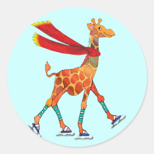 Schaatsen Giraffe met sjaal Ronde Sticker