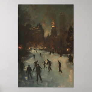 Schaatsen in City Central Park, antiek Poster
