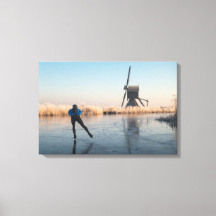 Schaatsen langs windmolen en riet canvas