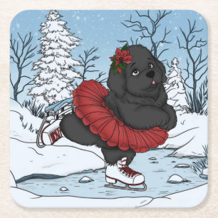 Schaatsen Newfoundland Puppy Winter Wonderland Vierkante Kartonnen Onderzetter