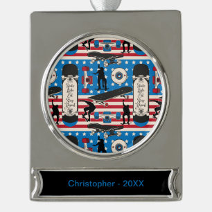 Schaatsen patriottische Amerikaanse skateboarder Verzilverd Banner Ornament