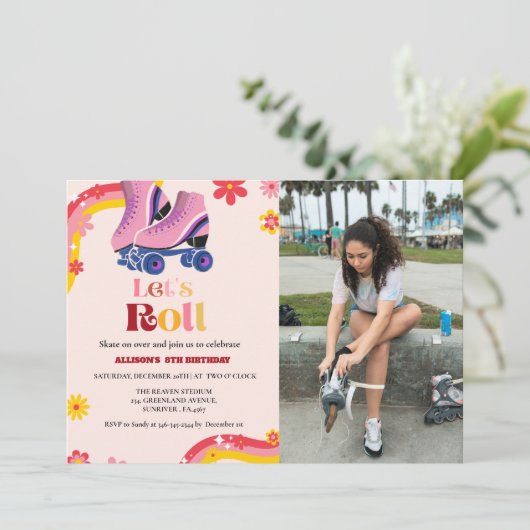 Schaatsen Retro groovy Verjaardag laten we rollen Aankondiging (Staand voorkant)