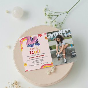 Schaatsen Retro groovy Verjaardag laten we rollen  Aankondiging