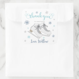 Schaatsen Winter, Blauwe Verjaardag Bedankje Favor Vierkante Sticker