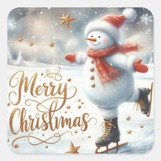 Schaatsende Sneeuwman Prettig Kerstfeest Vierkante Sticker