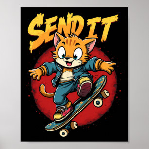 Schaatskat Send It Slang Grappige Retro Skateboard Poster