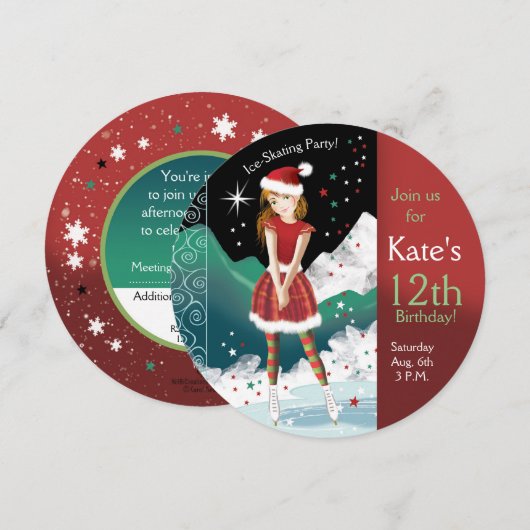 Schaatsmeisje 12e verjaardagsfeestje kaart (Voorkant / Achterkant)