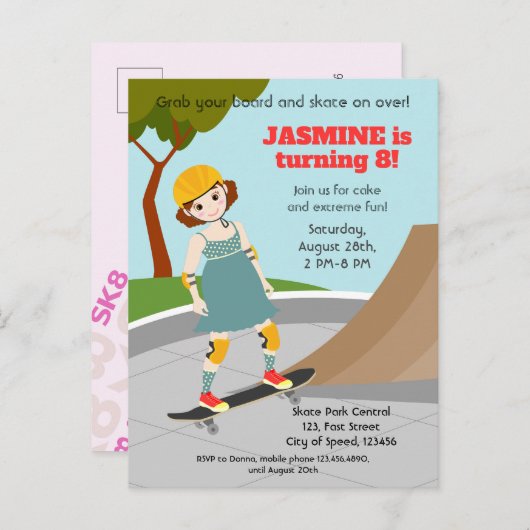 Schaatspark Pret Meisje Verjaardagsfeestje Uitnodiging Briefkaart (Voorkant / Achterkant)