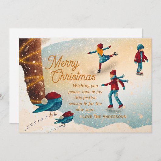 Schaatsscène met kerstboodschap op maat feestdagenkaart (Voorkant / Achterkant)