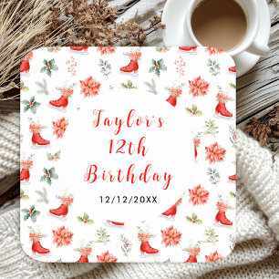 Schaatsverjaardagsfeest Rood Vierkante Kartonnen Onderzetter