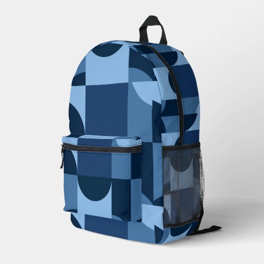 Schaduwen van blauw geometrisch vormpatroon bedrukte rugzak (Achterkant Hoek Rechts)