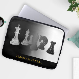 Schaken Zwart-wit Waterverf Gouden naam Laptop Sleeve