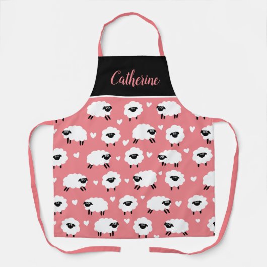 Schapen en harten met naam - Roze  Schort (Voorkant)