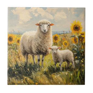 Schapen en Lam Zonnebloem Veld Tegeltje