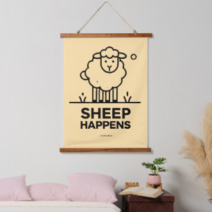 SCHAPEN GEBEUREN Grappig wandtapijt met houten top Hangend Wandkleed
