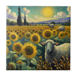 Schapen in het Zonnebloemveld Van Gogh Tegeltje