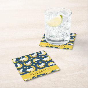 Schapenpatroon, Slapen Schaap, Maan, Jouw naam Vierkante Kartonnen Onderzetter